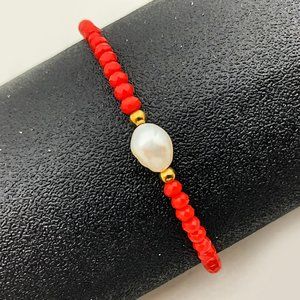 Freshwater Pearl Bracelet,Red Bracelet,Pearl and Red Glass Beads Bracelet